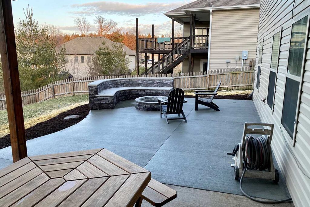 Outdoor patio living space at dusk